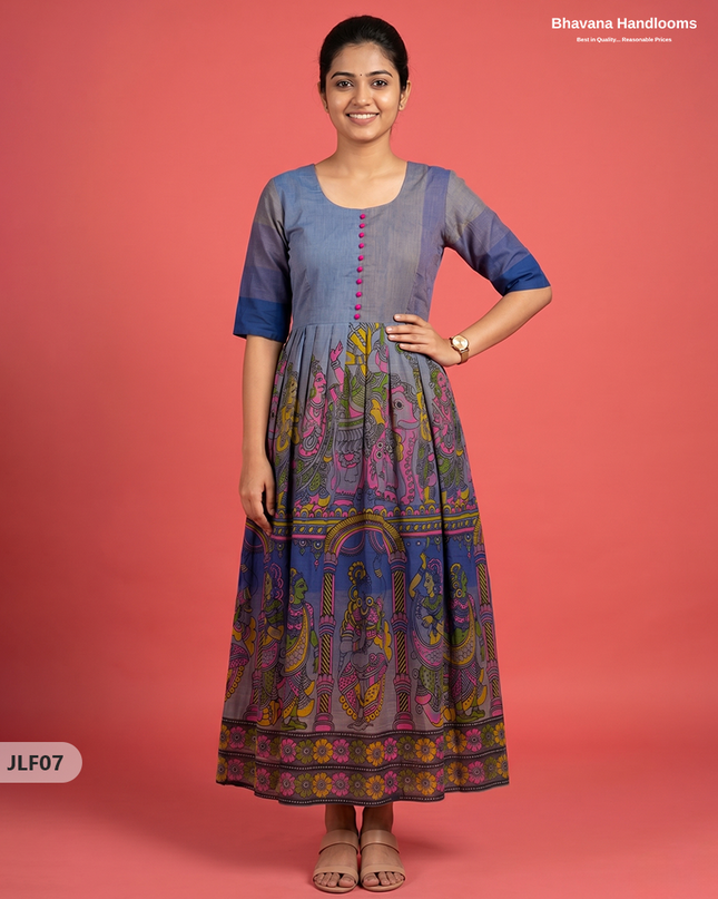 Traditional Handloom Frock with Ramayanam Design Prints in Multi Colour Shades | Dark Dusty Blue Colour