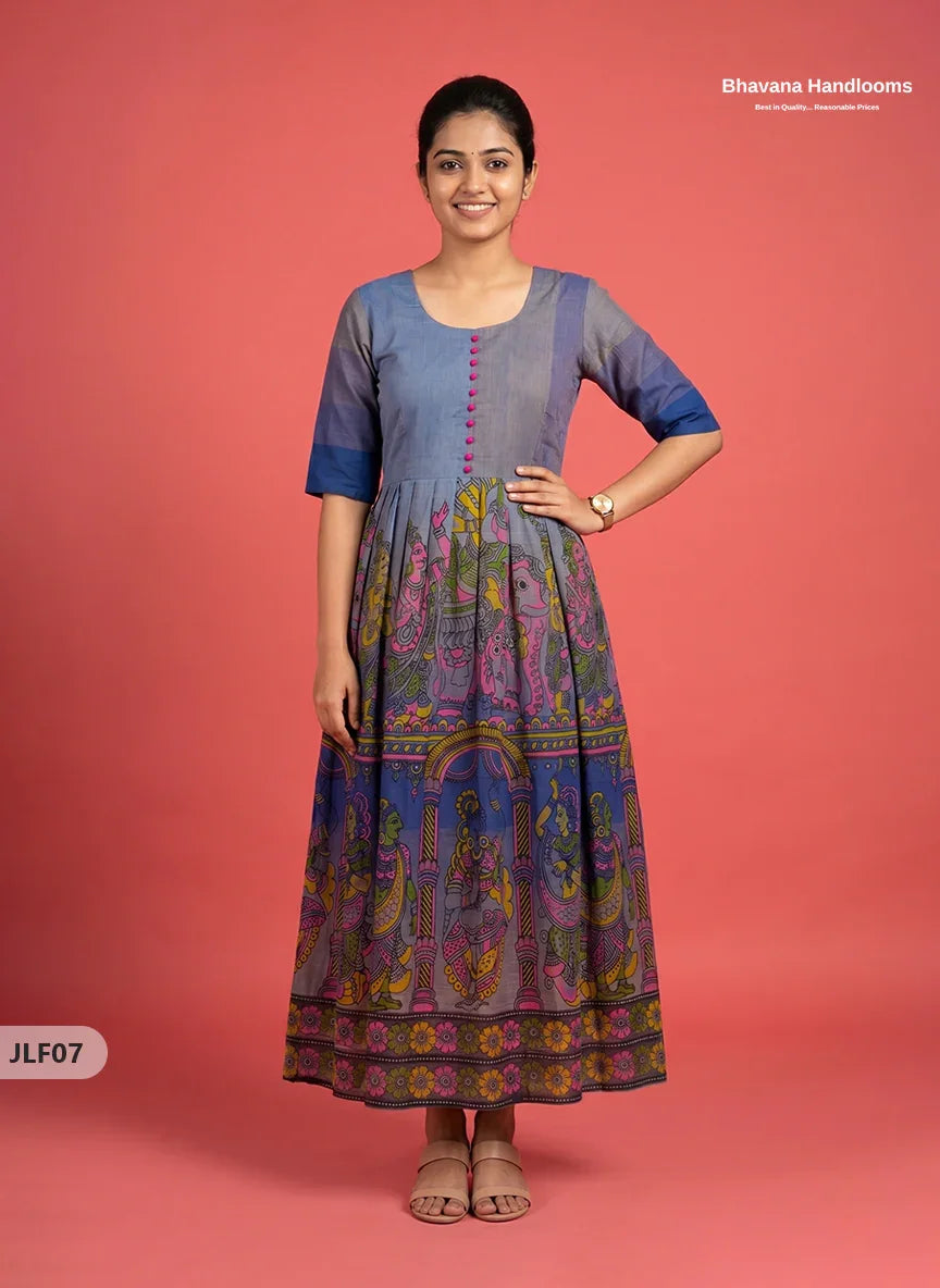 Traditional Handloom Frock with Ramayanam Design Prints in Multi Colour Shades | Dark Dusty Blue Colour