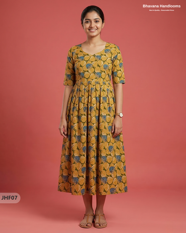 Kalamkari Design Frock – Yellow & Green Colour | Handloom Ethnic Wear with Half Lining