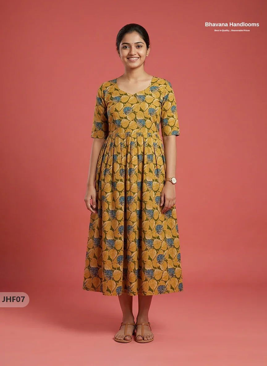 Kalamkari Design Frock – Yellow & Green Colour | Handloom Ethnic Wear with Half Lining