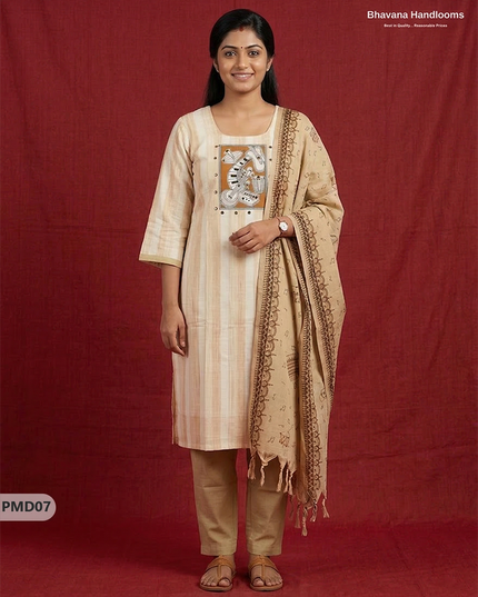 Stylish Cotton 3PC Kurti Set with Light Brown & Off-White Stripes, Musical Panel Design | Brown Dupatta