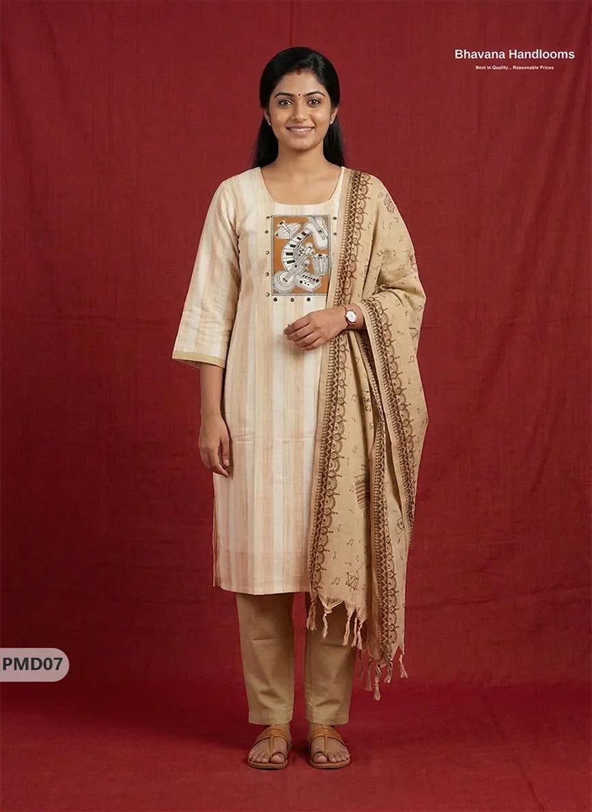 Stylish Cotton 3PC Kurti Set with Light Brown & Off-White Stripes, Musical Panel Design | Brown Dupatta