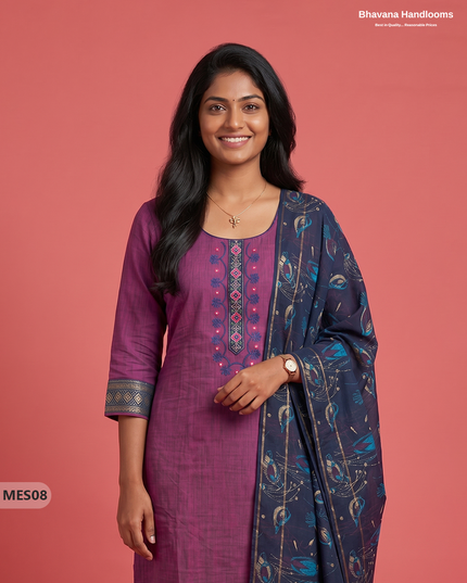Premium Mangalagiri Kurti Set with Embroidery Design, Threads Bottom & Printed Dupatta – Plum Purple Colour