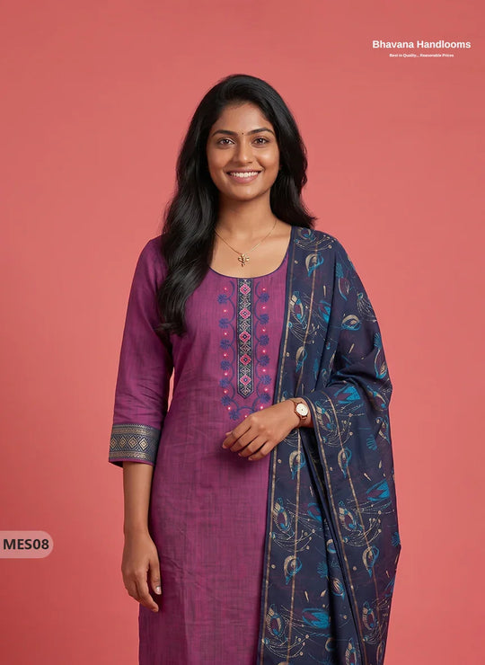 Premium Mangalagiri Kurti Set with Embroidery Design, Threads Bottom & Printed Dupatta – Plum Purple Colour