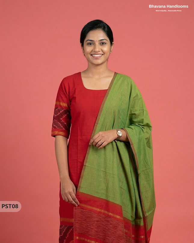 Pochampally Semi Pattu 3PC Kurti Set in Red Colour | Ready-to-Wear Ethnic Wear