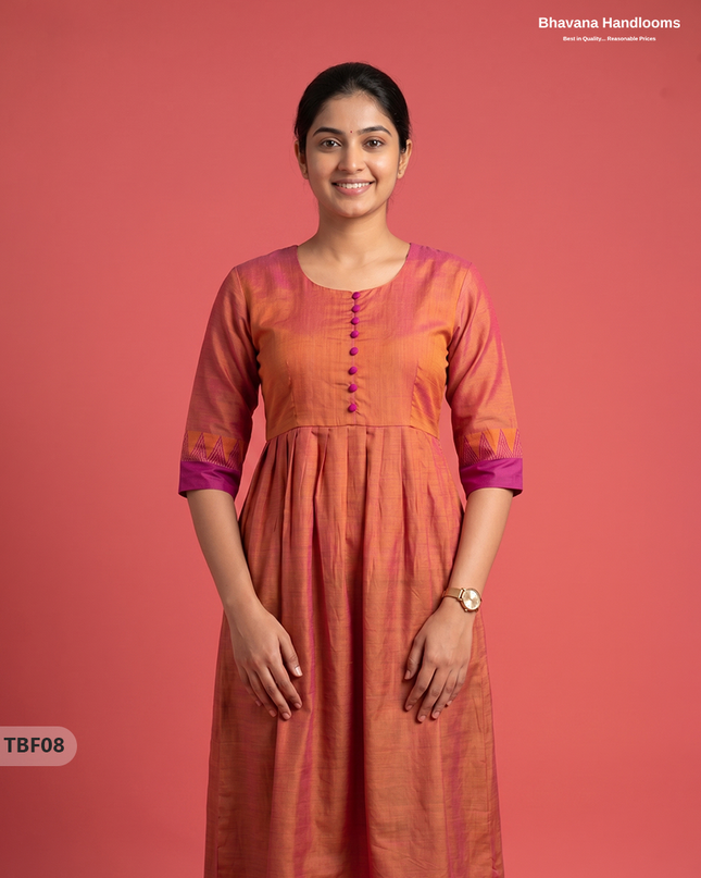 Premium Mangalagiri Temple Border Frock with Potli Balls | Peach-orange with pink Colour | Half Lining