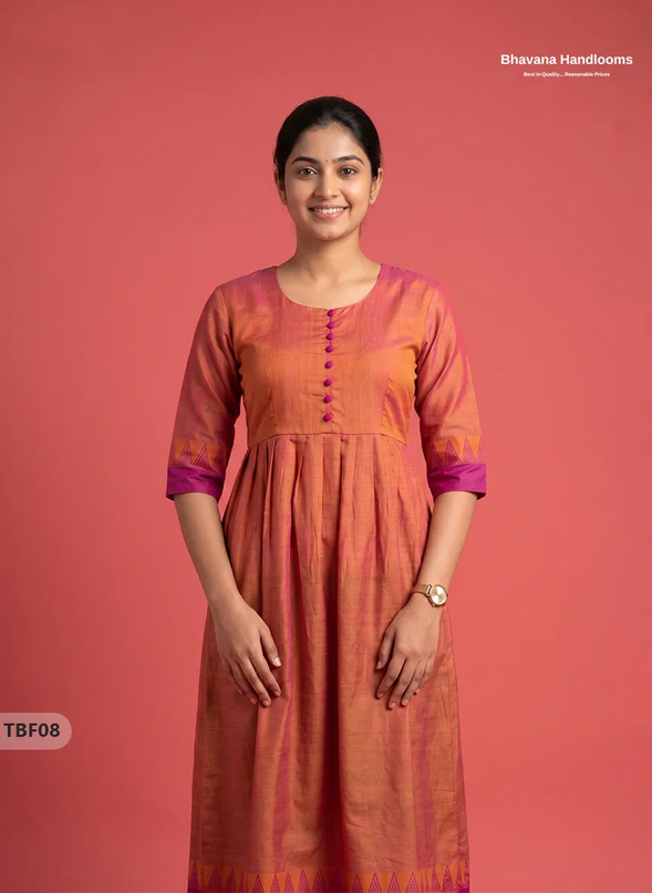 Premium Mangalagiri Temple Border Frock with Potli Balls | Peach-orange with pink Colour | Half Lining