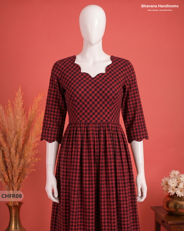 Handloom Cotton Frock in Crimson Red & Black Checks with Stylish Neck Cut Work | Soft & Comfortable