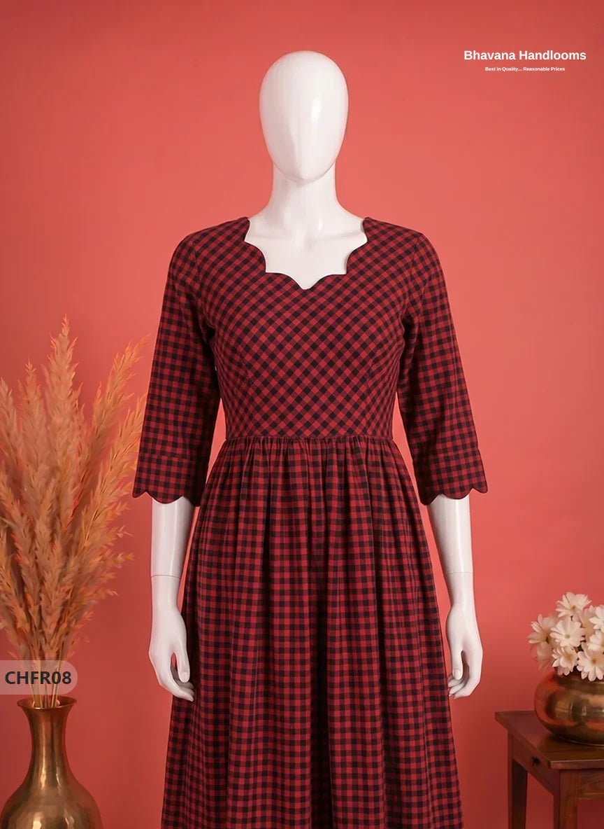 Mangalagiri Cotton Frock in Crimson Red & Black Checks with Stylish Neck Cut Work | Soft & Comfortable