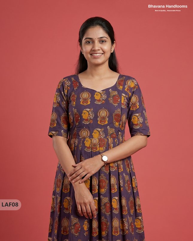 Feeding Frock with Kalamkari Design – Violet Color | Invisible Zips | Half Lining Maternity Wear