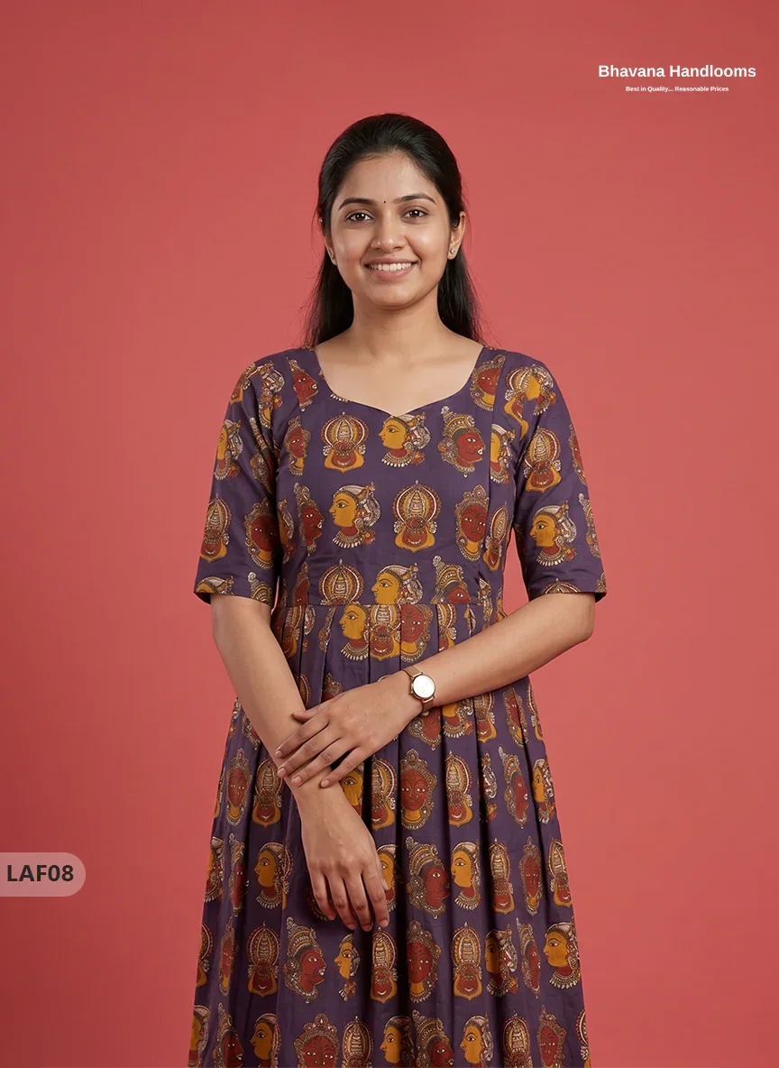Feeding Frock with Kalamkari Design – Violet Color | Invisible Zips | Half Lining Maternity Wear