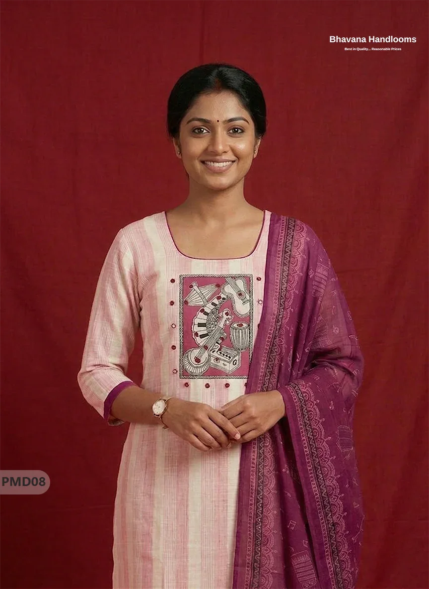Stylish Cotton 3PC Kurti Set with Pink & Off-White Stripes, Musical Panel Design | Purple Dupatta