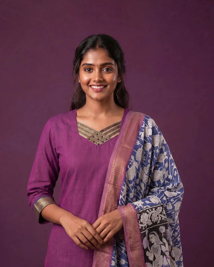 Premium Mangalagiri 3PC Kurti Set with Boutique Style Neck Design & Kalamkari Dupatta | Rani Pink Colour | Ready to Wear