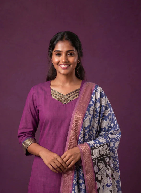 Premium Mangalagiri 3PC Kurti Set with Boutique Style Neck Design & Kalamkari Dupatta | Rani Pink Colour | Ready to Wear