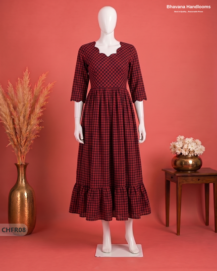 Handloom Cotton Frock in Crimson Red & Black Checks with Stylish Neck Cut Work | Soft & Comfortable