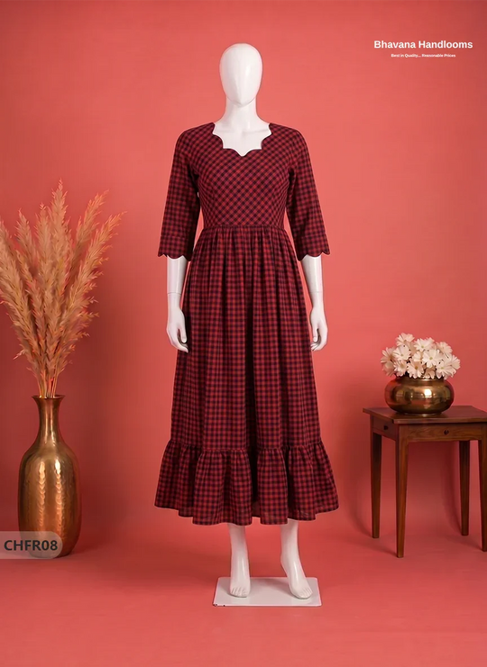 Mangalagiri Cotton Frock in Crimson Red & Black Checks with Stylish Neck Cut Work | Soft & Comfortable