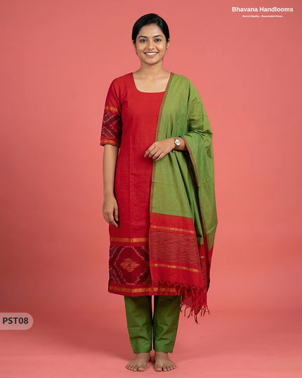 Pochampally Semi Pattu 3PC Kurti Set in Red Colour | Ready-to-Wear Ethnic Wear