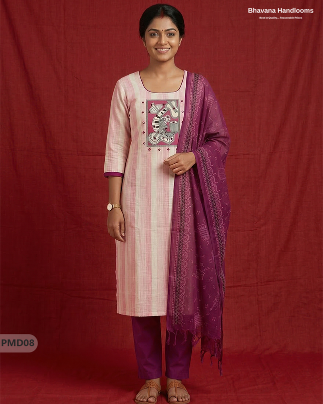Stylish Cotton 3PC Kurti Set with Pink & Off-White Stripes, Musical Panel Design | Purple Dupatta