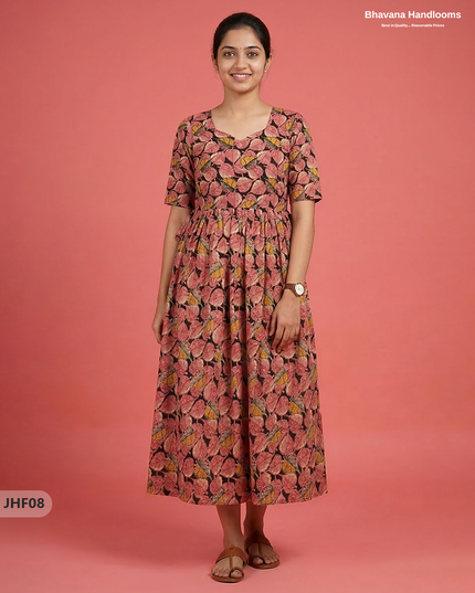 Kalamkari Design Frock – Peach & Black Colour | Handloom Ethnic Wear with Half Lining