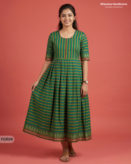 Summer Special Premium Cotton Handloom Frock with Woven Design | Green Colour
