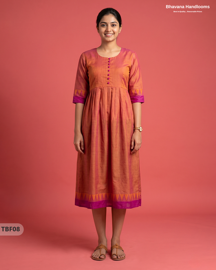 Premium Mangalagiri Temple Border Frock with Potli Balls | Peach-orange with pink Colour | Half Lining