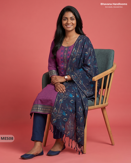 Premium Mangalagiri Kurti Set with Embroidery Design, Threads Bottom & Printed Dupatta – Plum Purple Colour