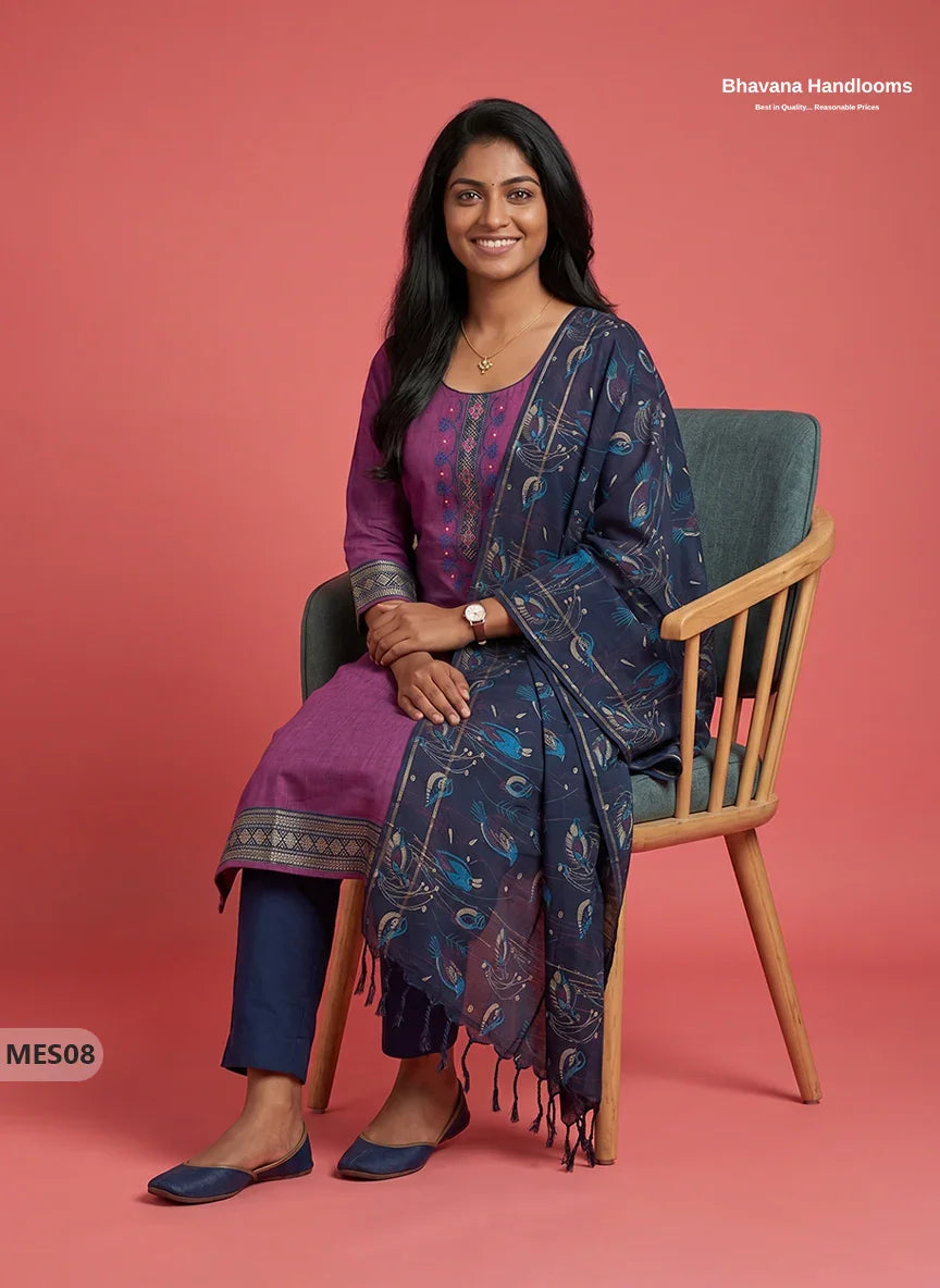 Premium Mangalagiri Kurti Set with Embroidery Design, Threads Bottom & Printed Dupatta – Plum Purple Colour