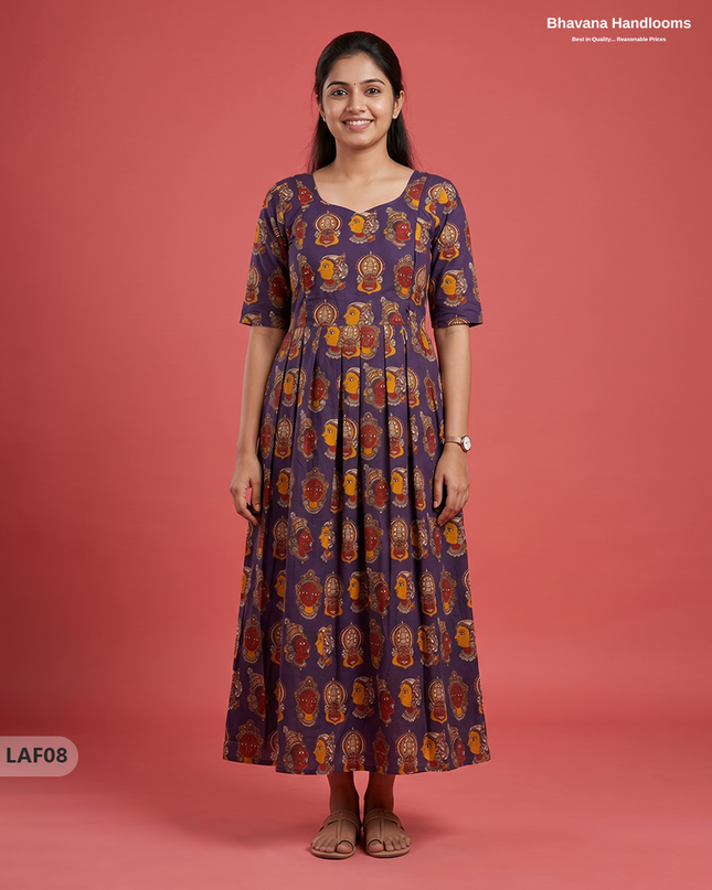 Feeding Frock with Kalamkari Design – Violet Color | Invisible Zips | Half Lining Maternity Wear