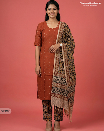 Raw Silk 3PC Kurti Set with Kalamkari Dupatta & Elastic Bottom in Orange Colour | Ethnic Wear