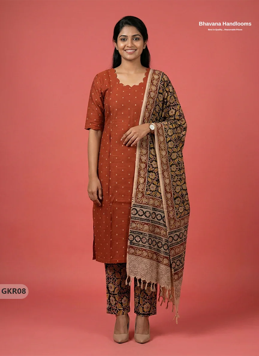 Raw Silk 3PC Kurti Set with Kalamkari Dupatta & Elastic Bottom in Orange Colour | Ethnic Wear