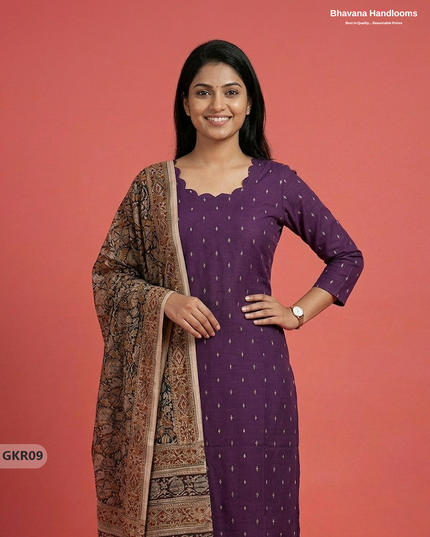 Raw Silk 3PC Kurti Set with Kalamkari Dupatta & Elastic Bottom in Violet Colour | Ethnic Wear