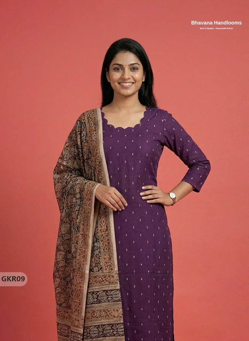 Raw Silk 3PC Kurti Set with Kalamkari Dupatta & Elastic Bottom in Violet Colour | Ethnic Wear