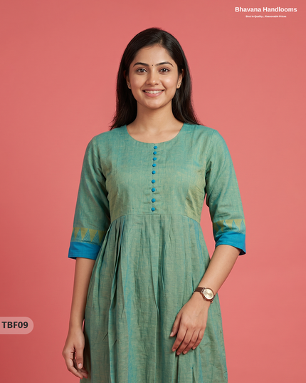 Premium Mangalagiri Temple Border Frock with Potli Balls | Pastel aqua green Colour | Half Lining