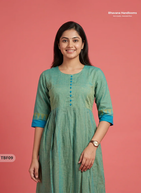 Premium Mangalagiri Temple Border Frock with Potli Balls | Pastel aqua green Colour | Half Lining