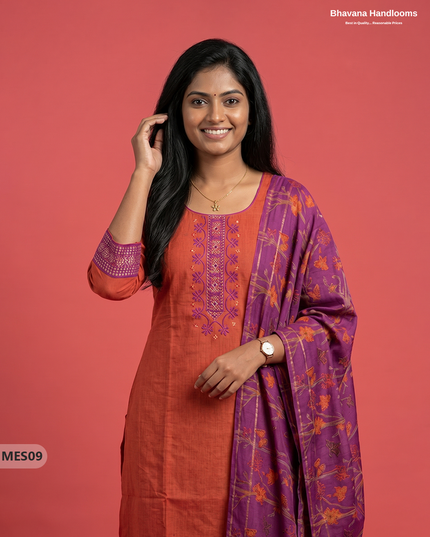 Premium Mangalagiri Kurti Set with Embroidery Design, Threads Bottom & Printed Dupatta – Pink & Orange Double Wevan