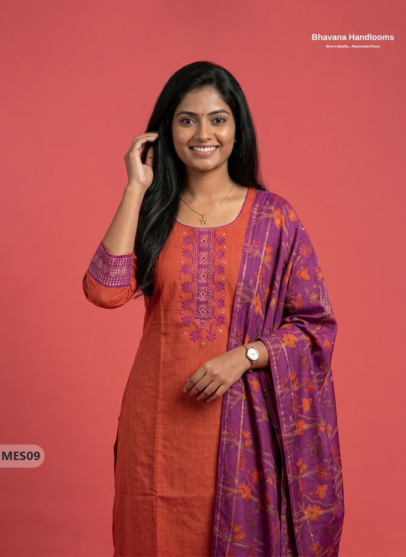 Premium Mangalagiri Kurti Set with Embroidery Design, Threads Bottom & Printed Dupatta – Pink & Orange Double Wevan