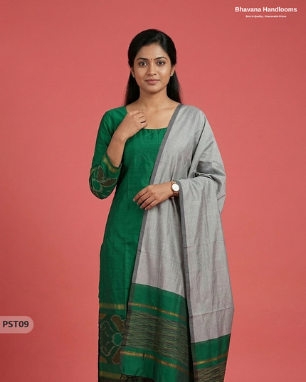 Pochampally Semi Pattu 3PC Kurti Set in Dark Green Colour | Ready-to-Wear Ethnic Wear