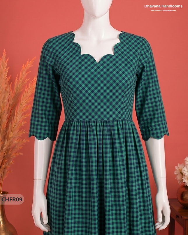 Handloom Cotton Frock in Teal Green & Deep Navy Blue Checks with Stylish Neck Cut Work | Soft & Comfortable
