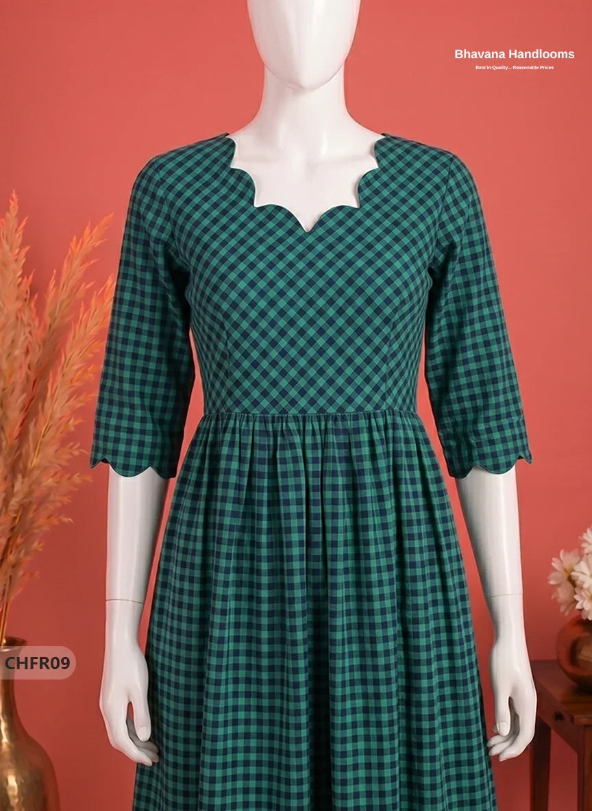 Mangalagiri Cotton Frock in Teal Green & Deep Navy Blue Checks with Stylish Neck Cut Work | Soft & Comfortable