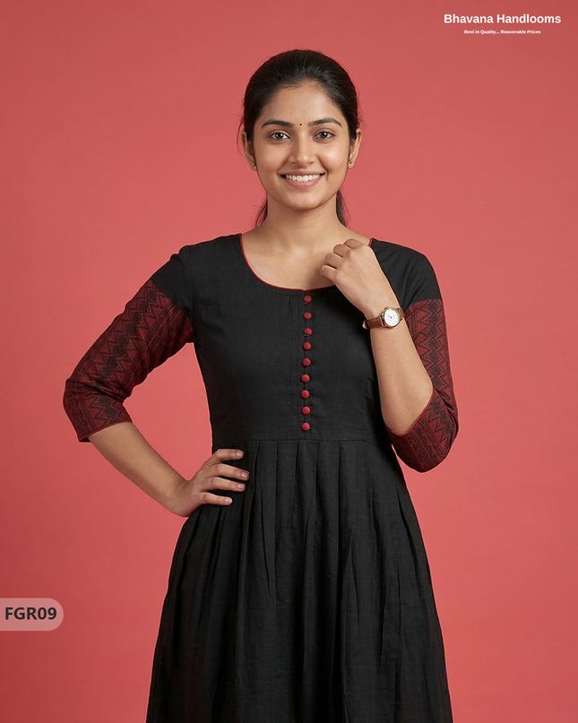 Summer Special Premium Cotton Handloom Frock with Woven Design | Black Colour