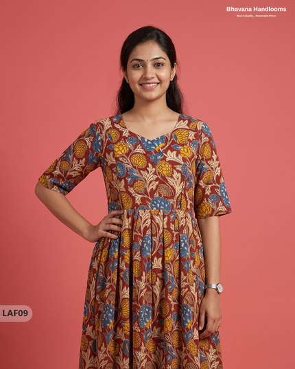 Feeding Frock with Kalamkari Design – Red Color | Invisible Zips | Half Lining Maternity Wear