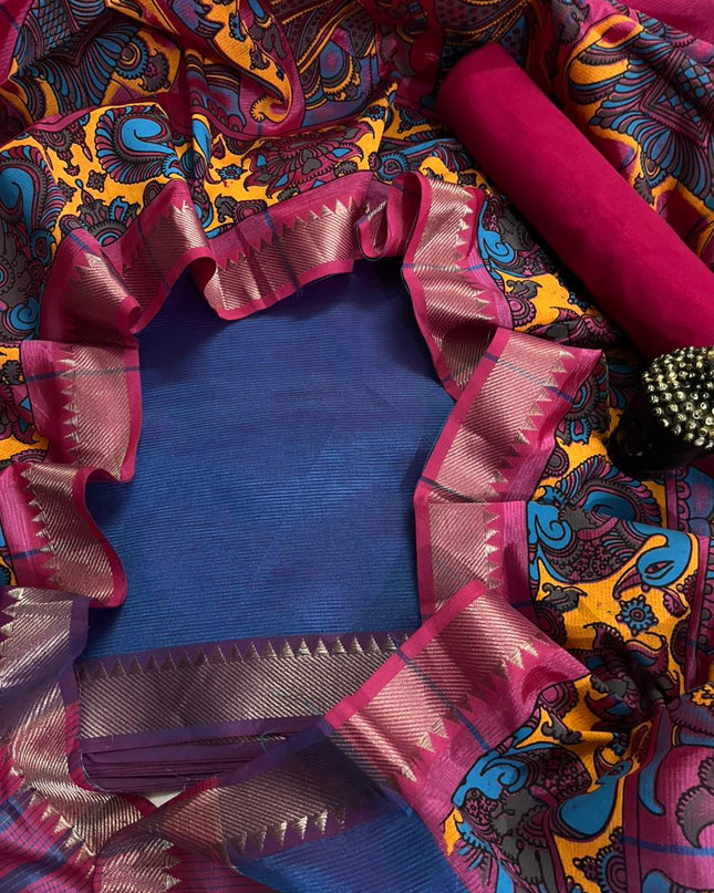 Mangalagiri Semi Pattu Dress Material with Zari Border – Blue Colour