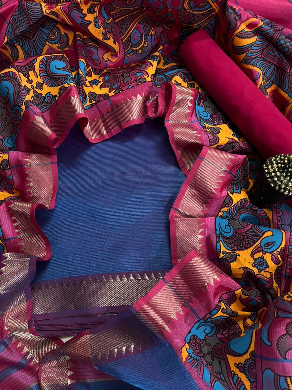 Mangalagiri Semi Pattu Dress Material with Zari Border – Blue Colour