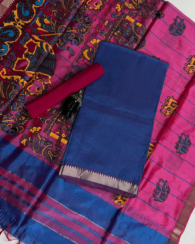 Mangalagiri Semi Pattu Dress Material with Zari Border – Blue Colour