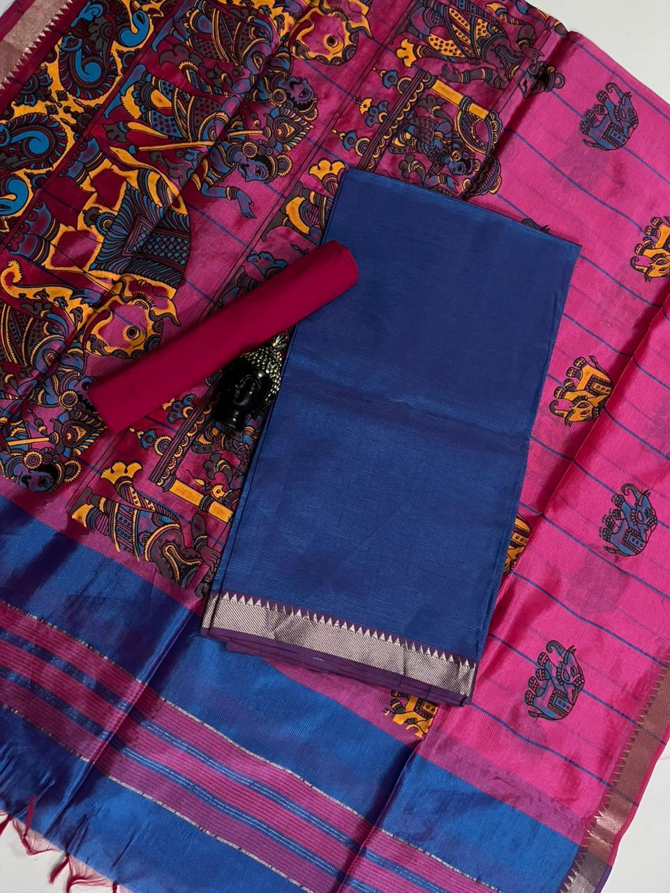 Mangalagiri Semi Pattu Dress Material with Zari Border – Blue Colour