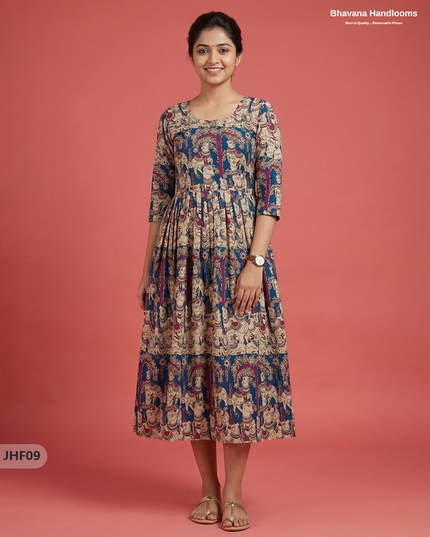 Kalamkari Design Frock – Blue Colour | Handloom Ethnic Wear with Half Lining