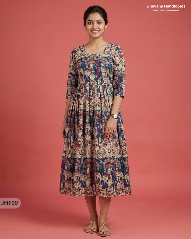 Kalamkari Design Frock – Blue Colour | Handloom Ethnic Wear with Half Lining