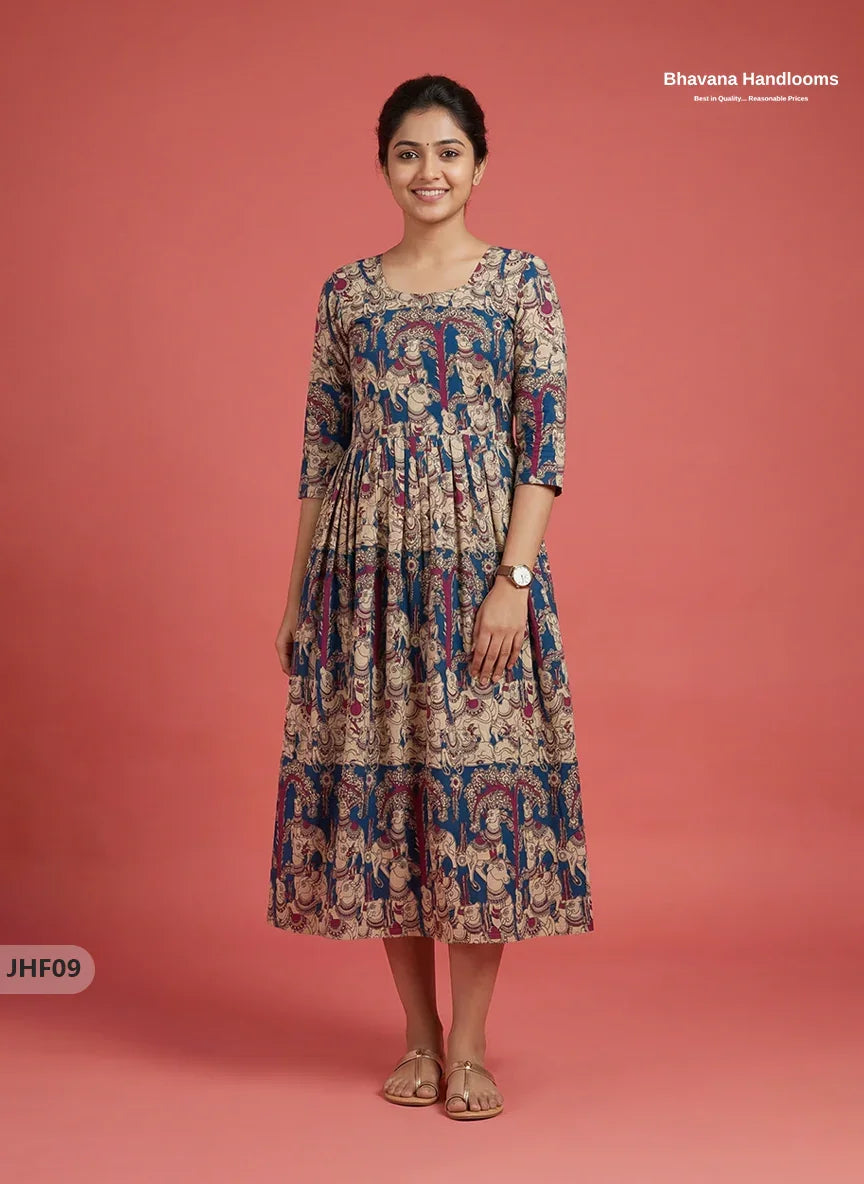 Kalamkari Design Frock – Blue Colour | Handloom Ethnic Wear with Half Lining