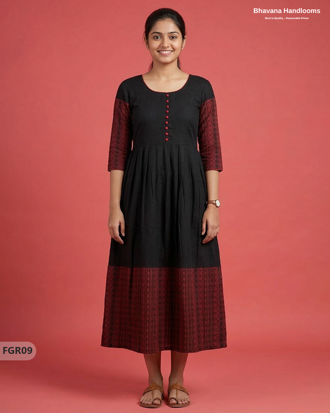 Summer Special Premium Cotton Handloom Frock with Woven Design | Black Colour