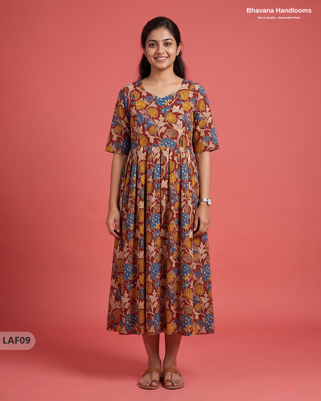 Feeding Frock with Kalamkari Design – Red Color | Invisible Zips | Half Lining Maternity Wear